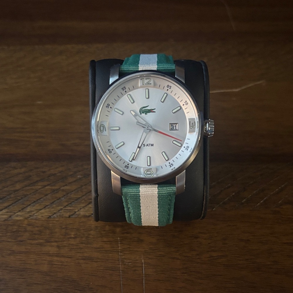 Lacoste Two Tone Leather Green and White Watch with Silver Accents